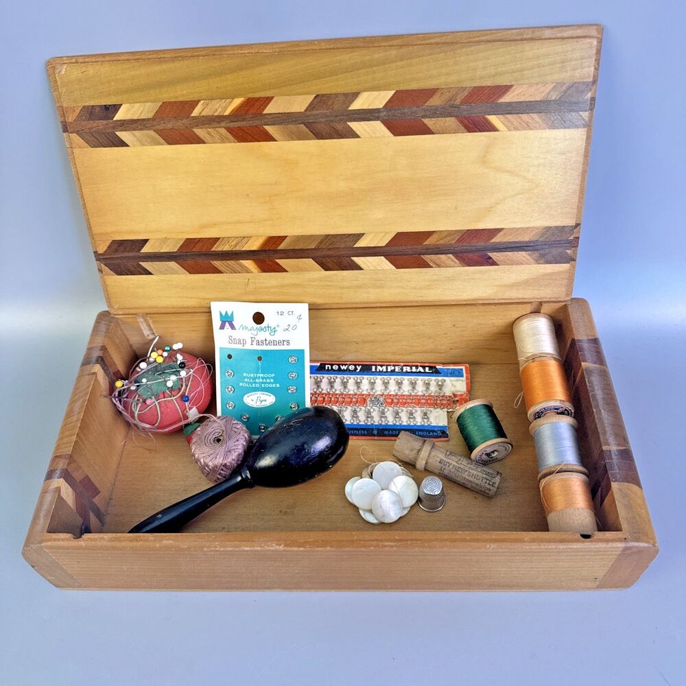 Wood Sewing Box With Marquetry Inlay And Accessories Antique